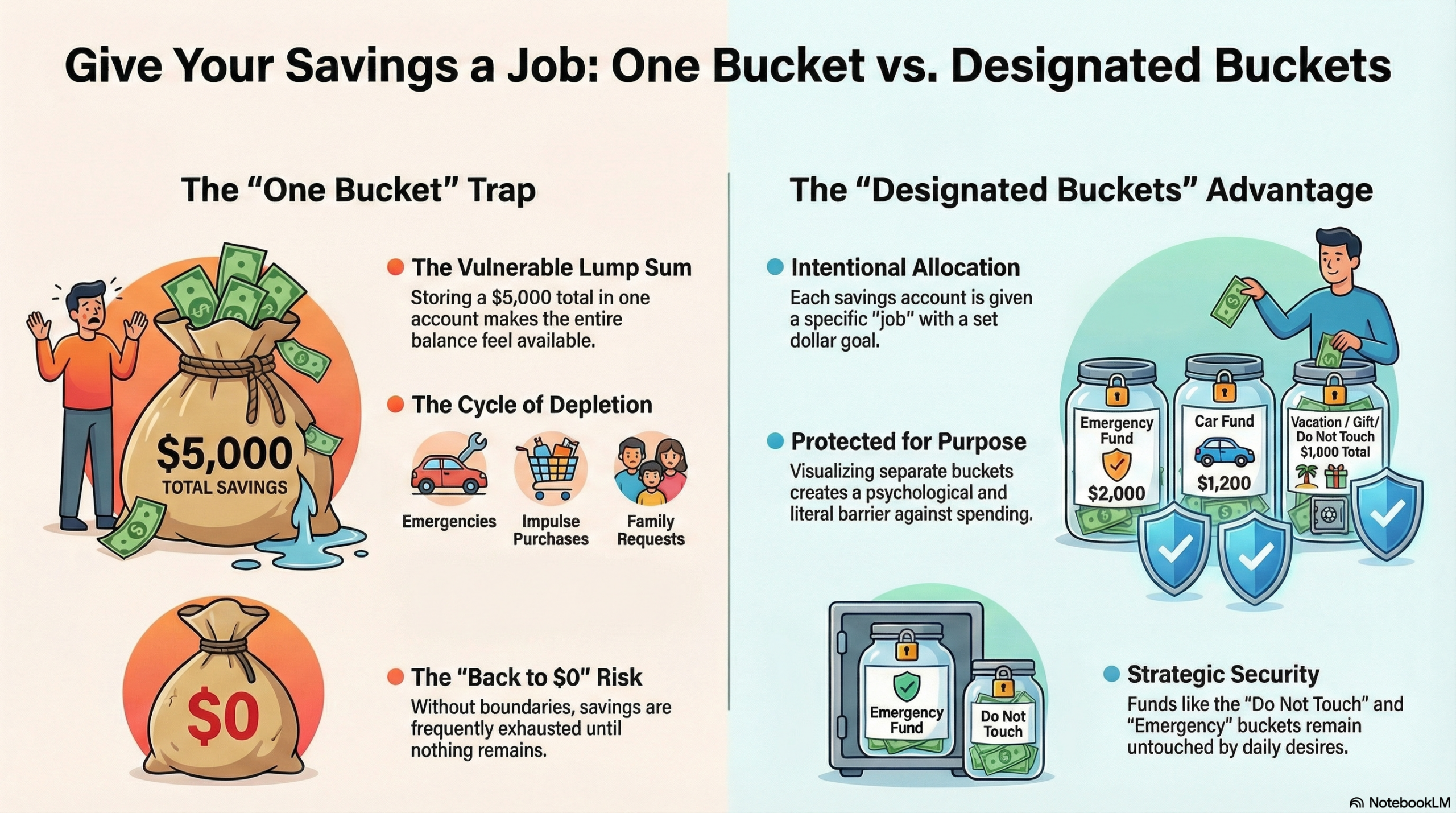 savings buckets, give savings a job, money mistakes
